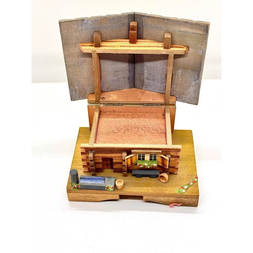 Vintage BEFAG Swiss Chalet Music Box Swedish Rhapsody Log Cabin Wood Trinket Box